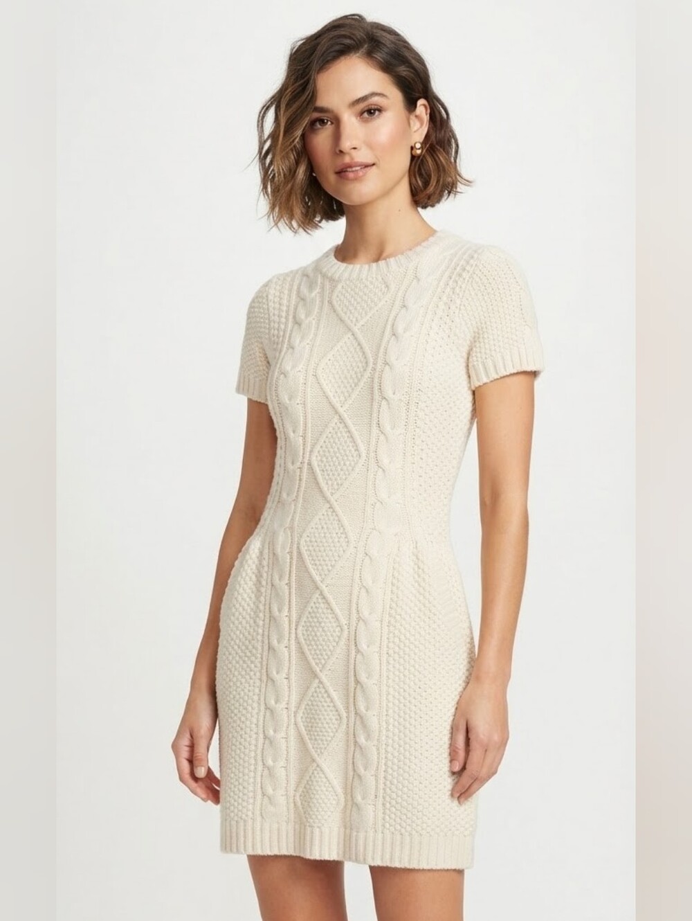 Rubbish By Anthropologie Cream Cable Knit Short Sleeve Sweater Dress Size S